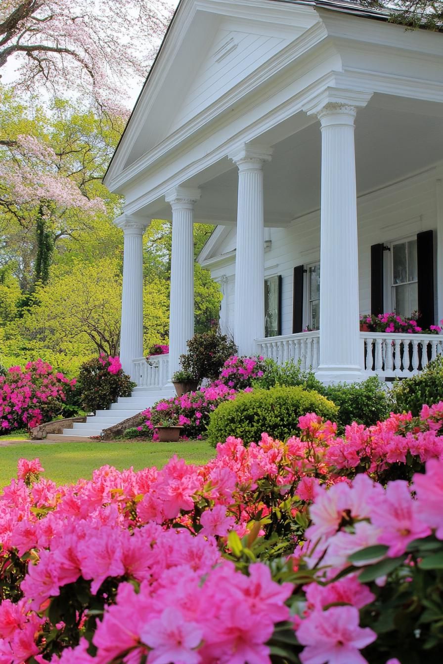 beautiful classic country side white house with a front porch with coloumns with lush front garden with blossoming flowers 3