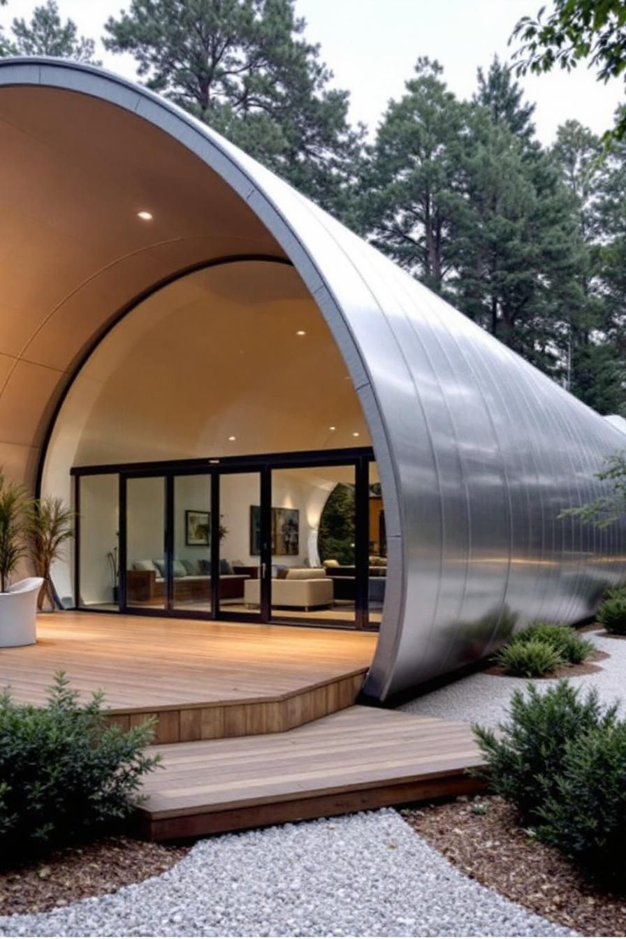 Modern Quonset hut with arched front and large glass doors surrounded by trees