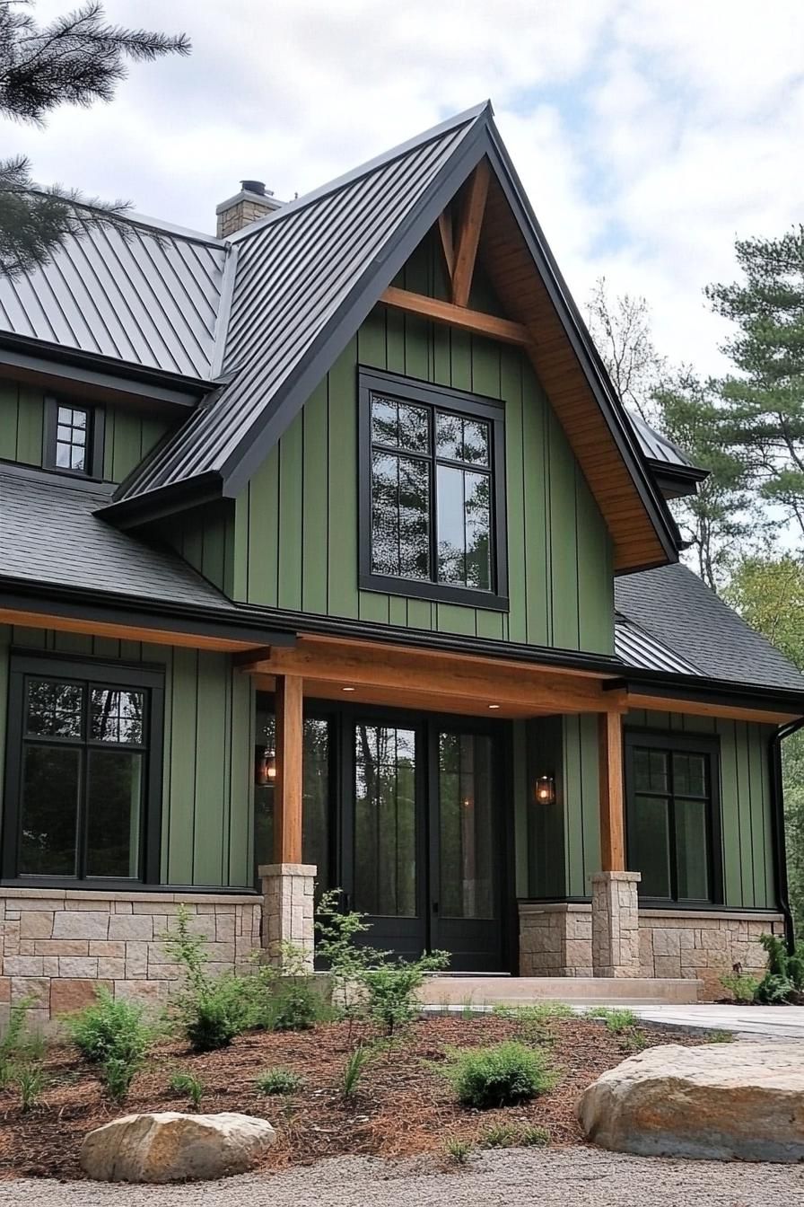 Green and black modern house with tall gables