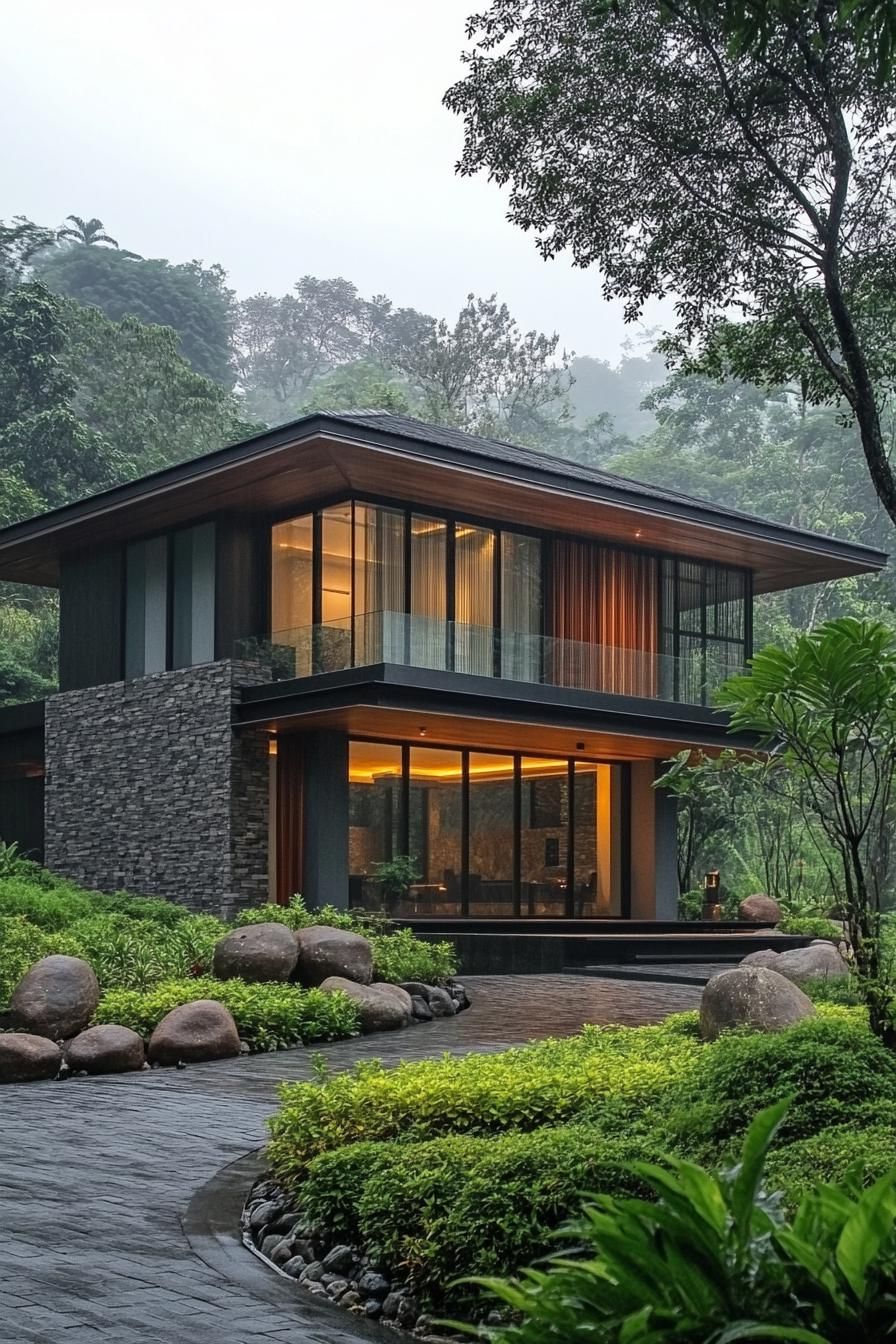 Modern Thai house with large windows and lush surroundings