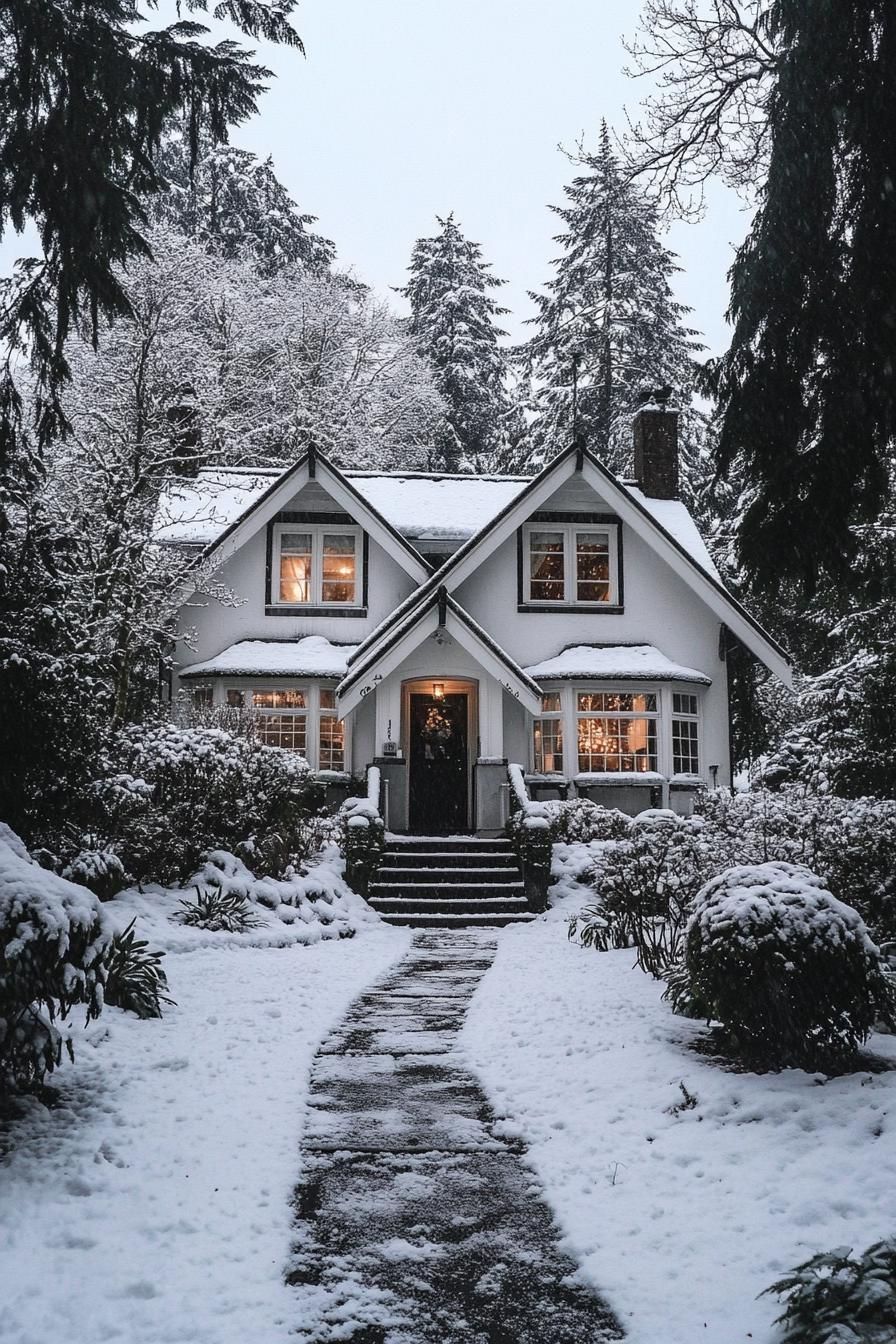 front view of a snowed in white cottage house lots of snow on multi pitch roof bay windows with white trim entrance with steps front yard snowed 1