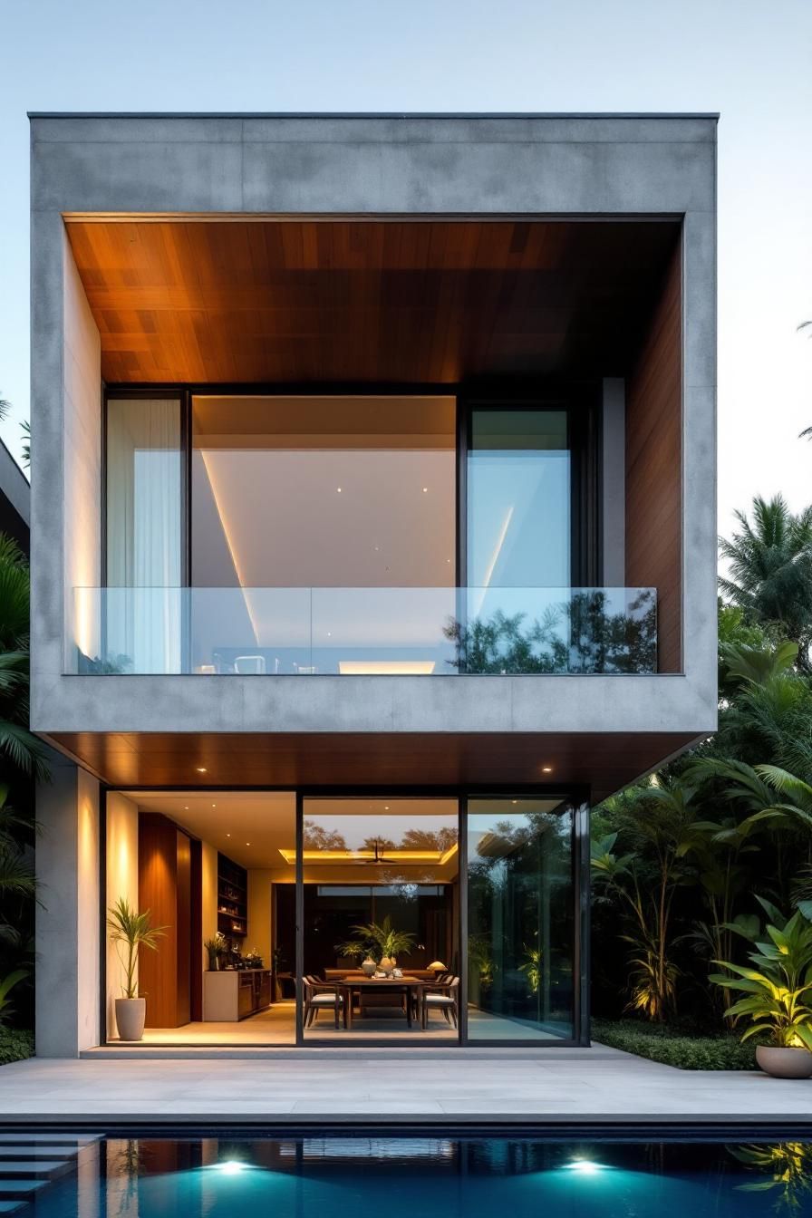 Modern tropical house with glass walls and pool