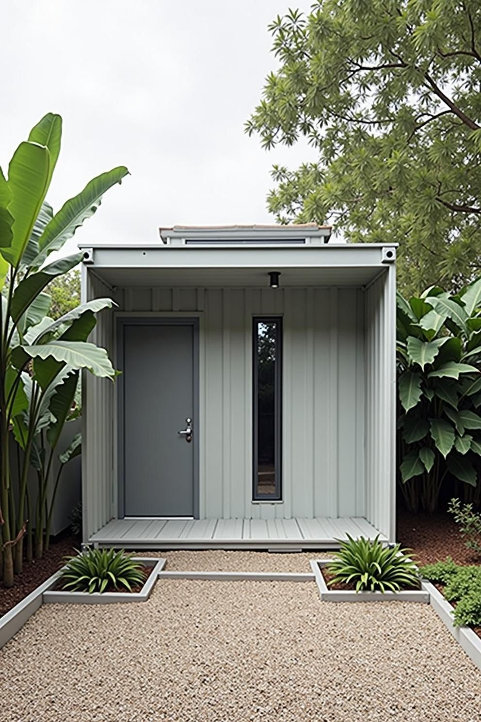 Modern tiny container house surrounded by lush greenery