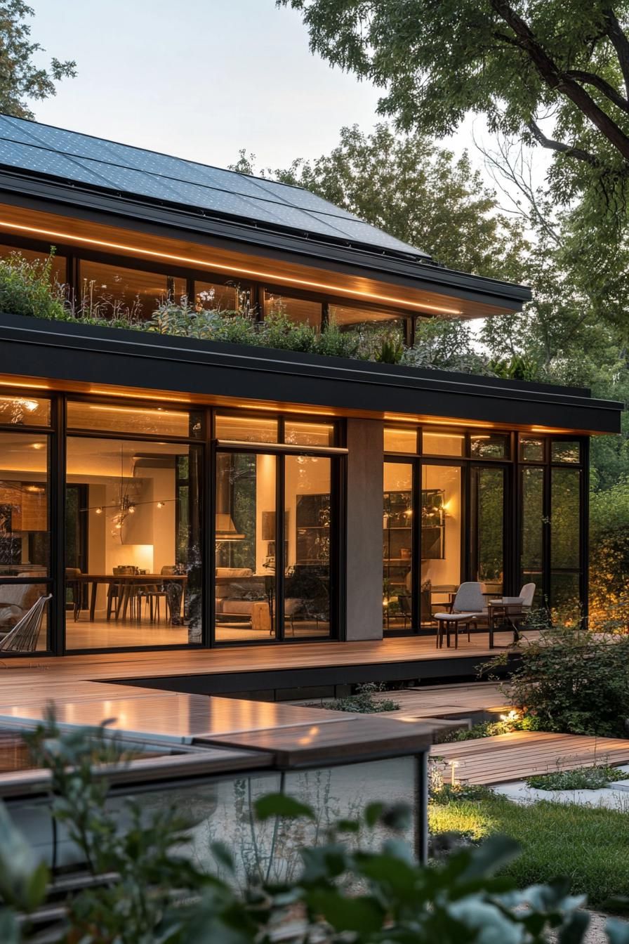 mid century modern sustainable house with sloped roof reaching the ground there are solar panels and planters on the roof large modern windows deck 2