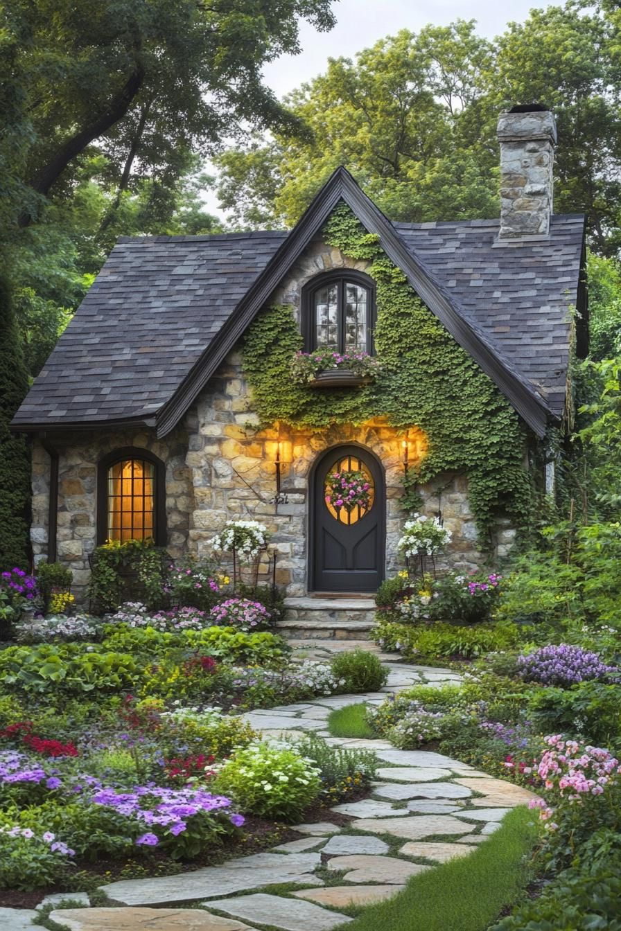 countryside English stone cottage with gables arched doorway front facade with flower vines lush garden with hardscape and stone path surrounded 1