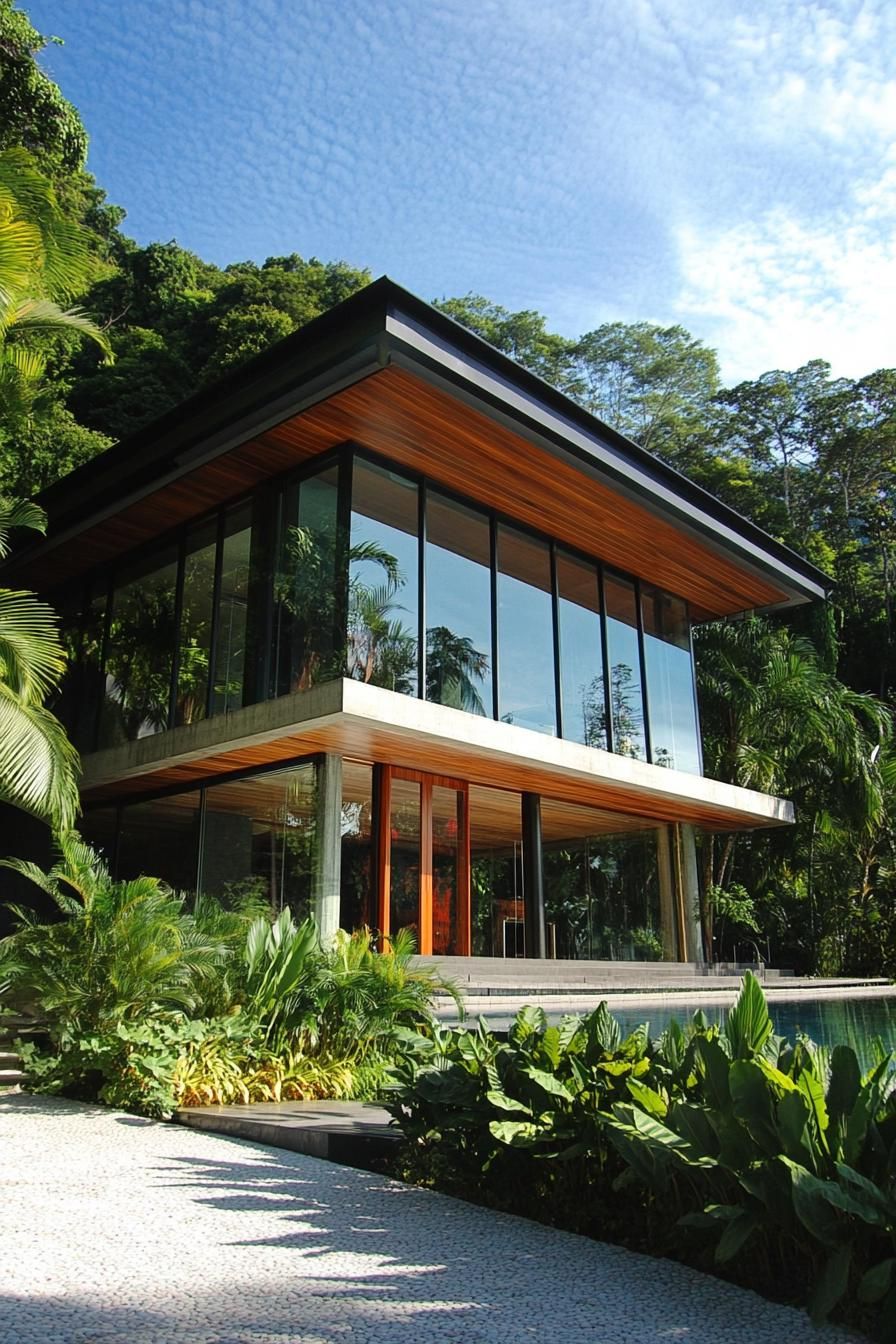 Modern tropical house with large glass windows surrounded by lush greenery