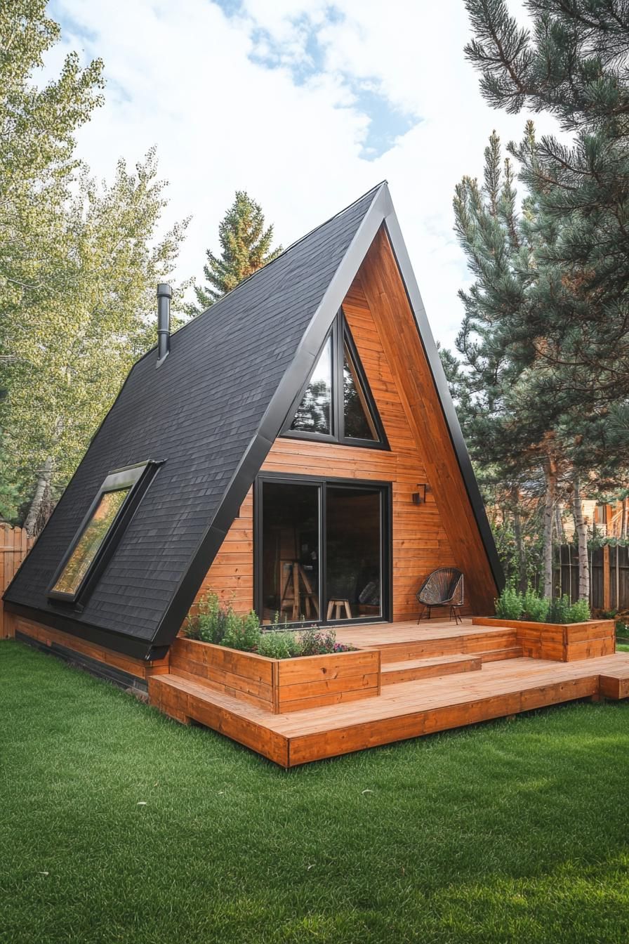 high angle view of a modern tiny prefab a frame cabin natural wood siding black roof tiny raised wooden deck with wooden planter boxes grass 1