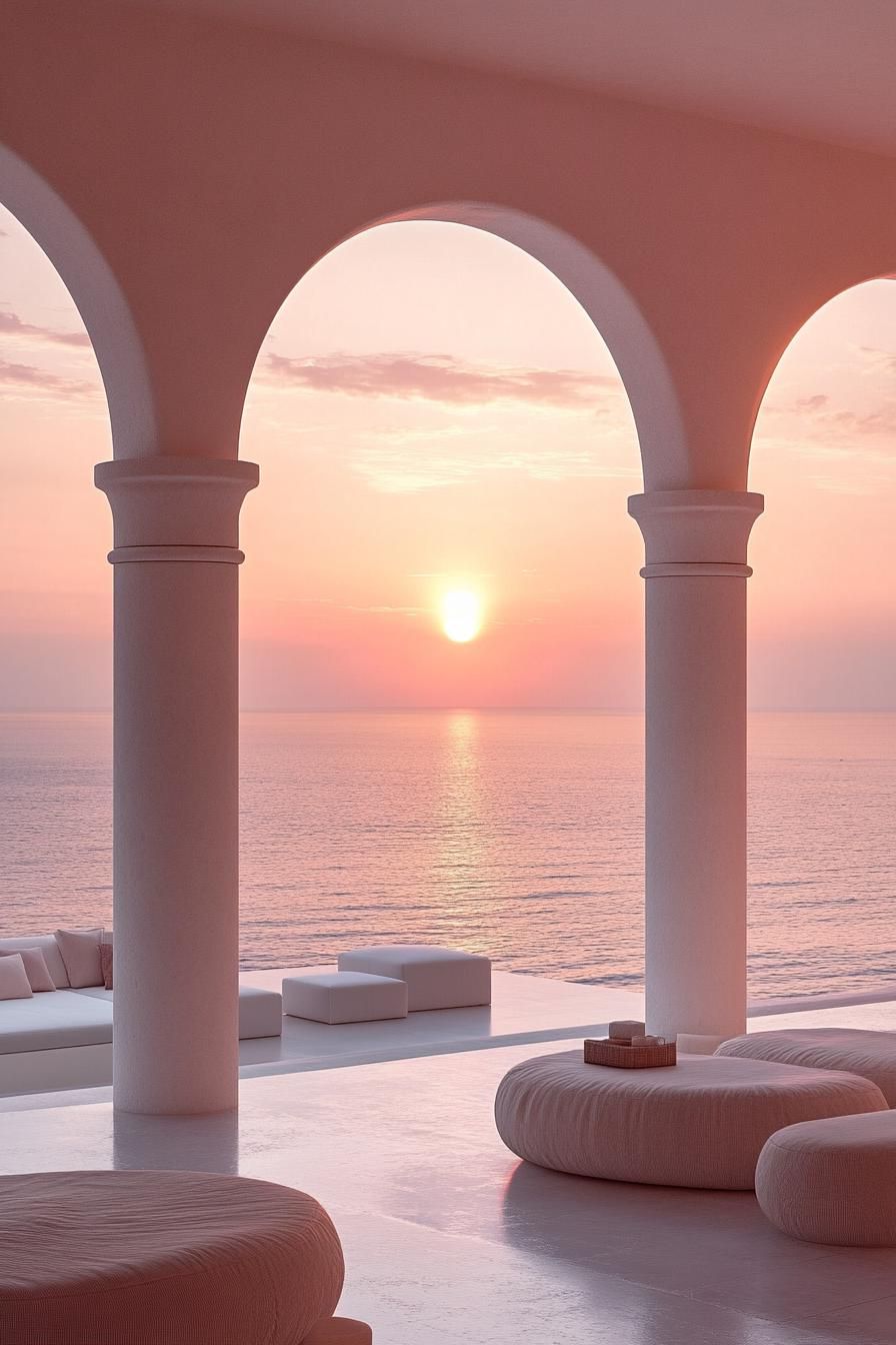 dreamscape lounge area with tall white arches and columns sea view through arches the setting sun gives a pink glow on the scene