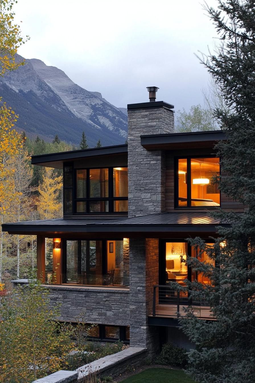 mountain village modern house with stone facade modern windows large porch overlooking mountain village 2