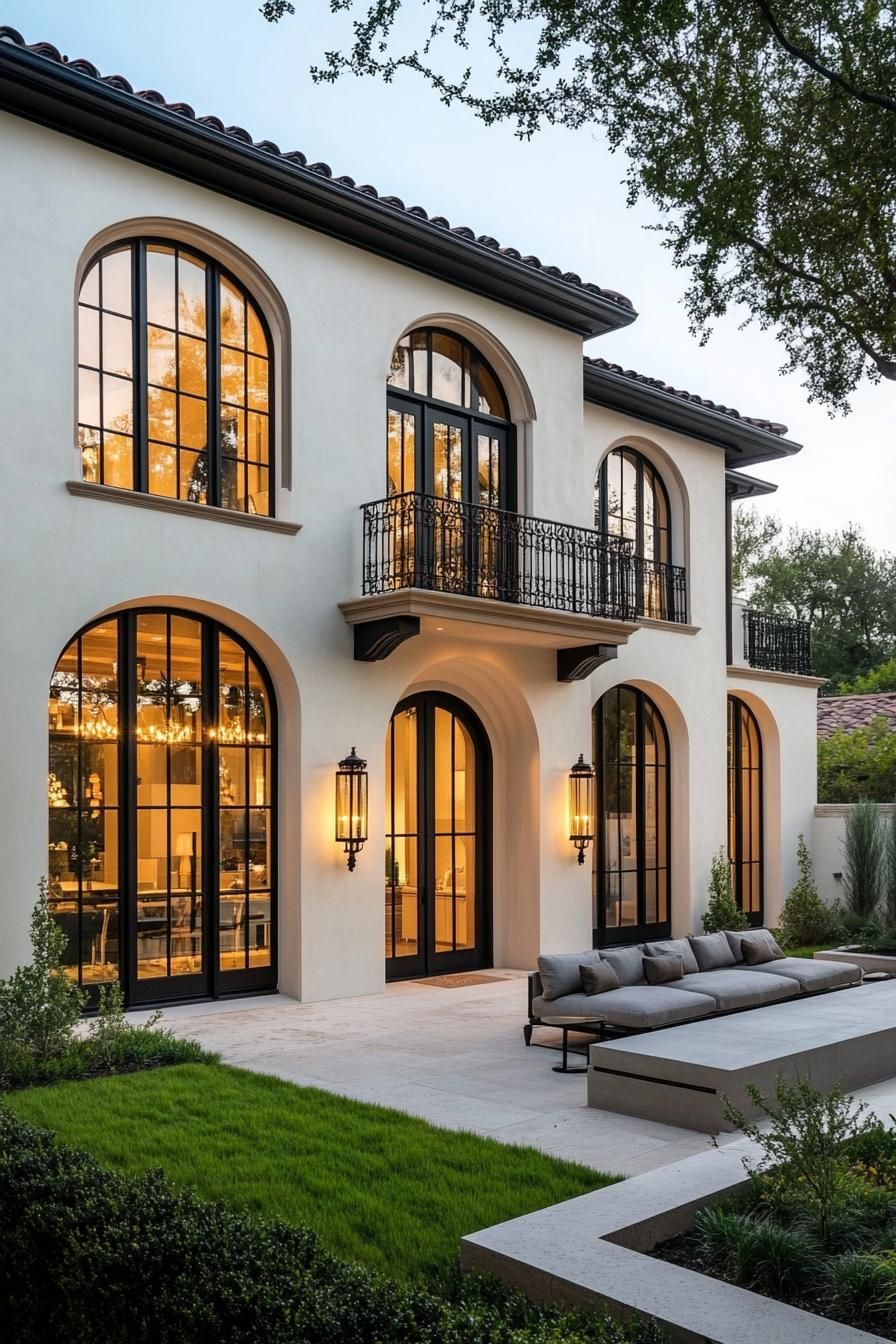 Modern Italian villa with arched windows and balconies