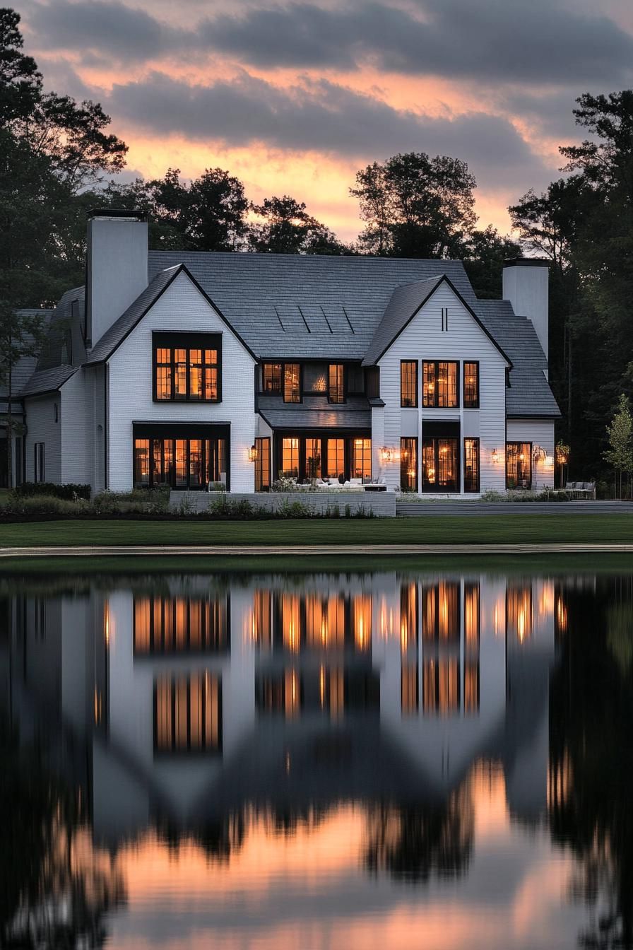 Sunset-lit farmhouse reflected in a pond