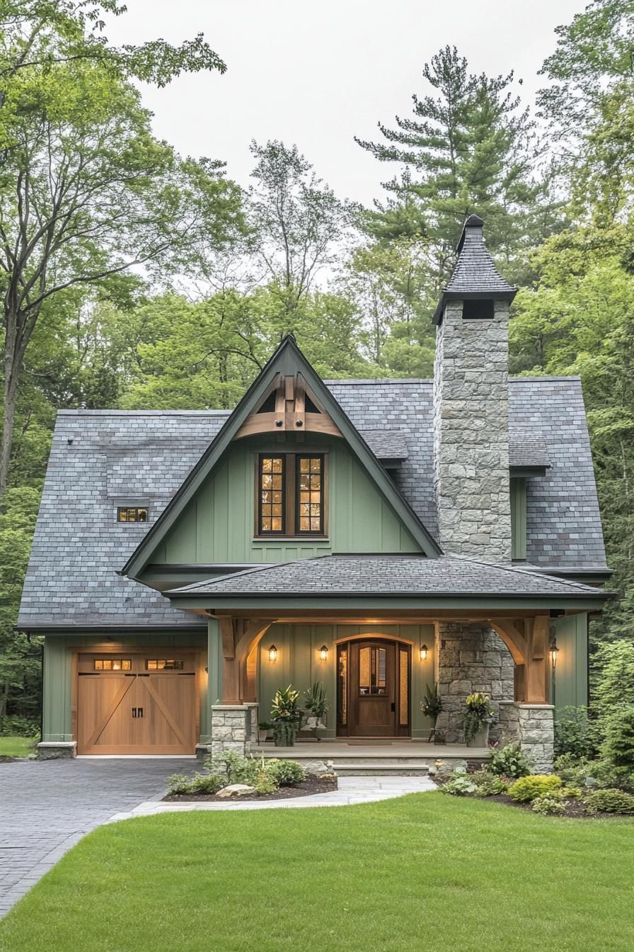 modern european style cottage in pale green painted facade large front chimney gabled multi pitched roof in stone grey tile modern windows front 1