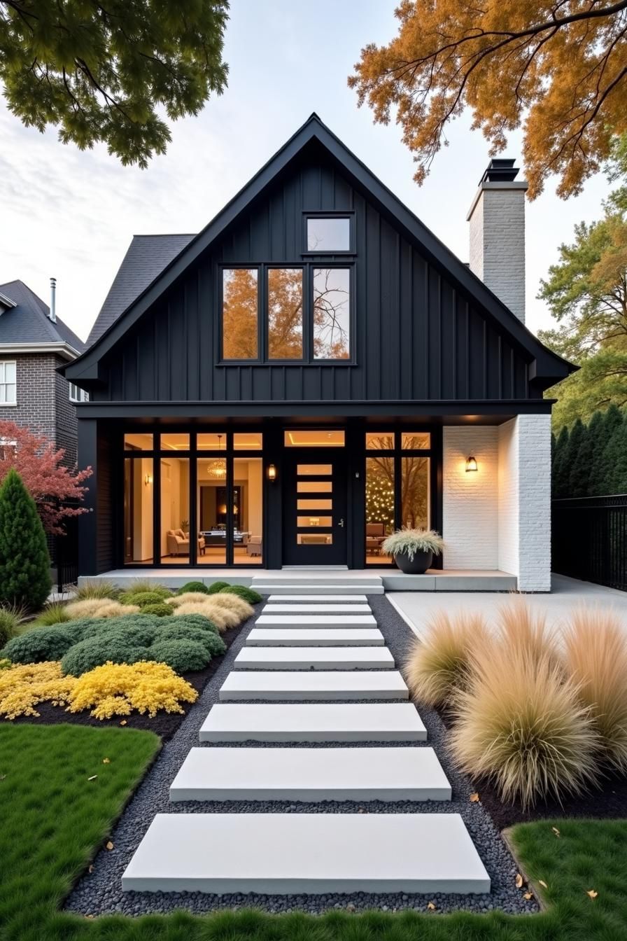 Sleek black house with modern details and vibrant landscaping