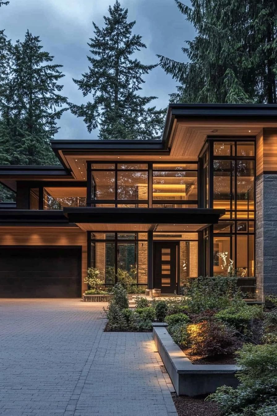 modern villa design with grey granite siding eaves with wooden siding and LED trim tall glass atrium at the front tall black front door paved