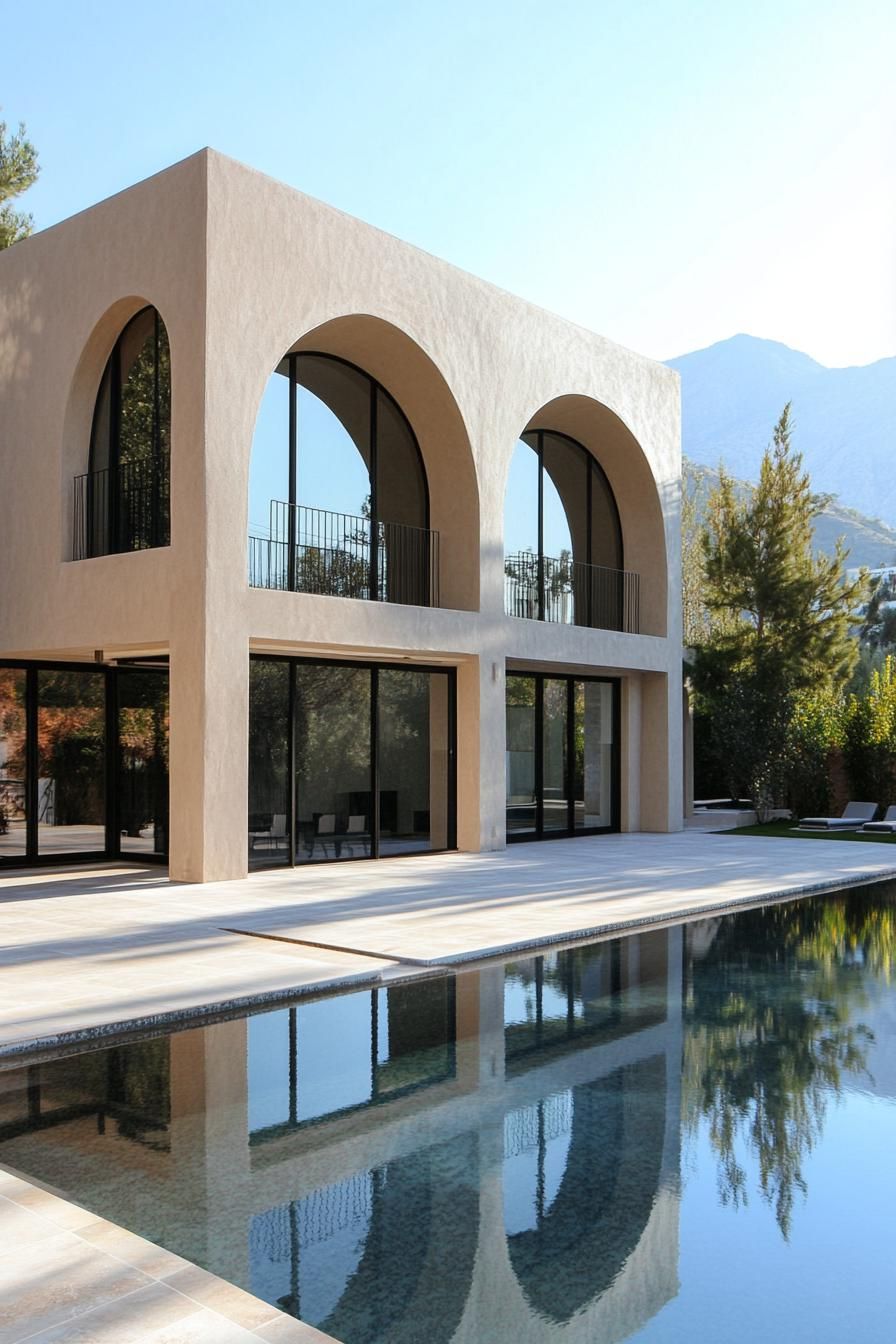 Modern Arabic house with arched windows by a pool