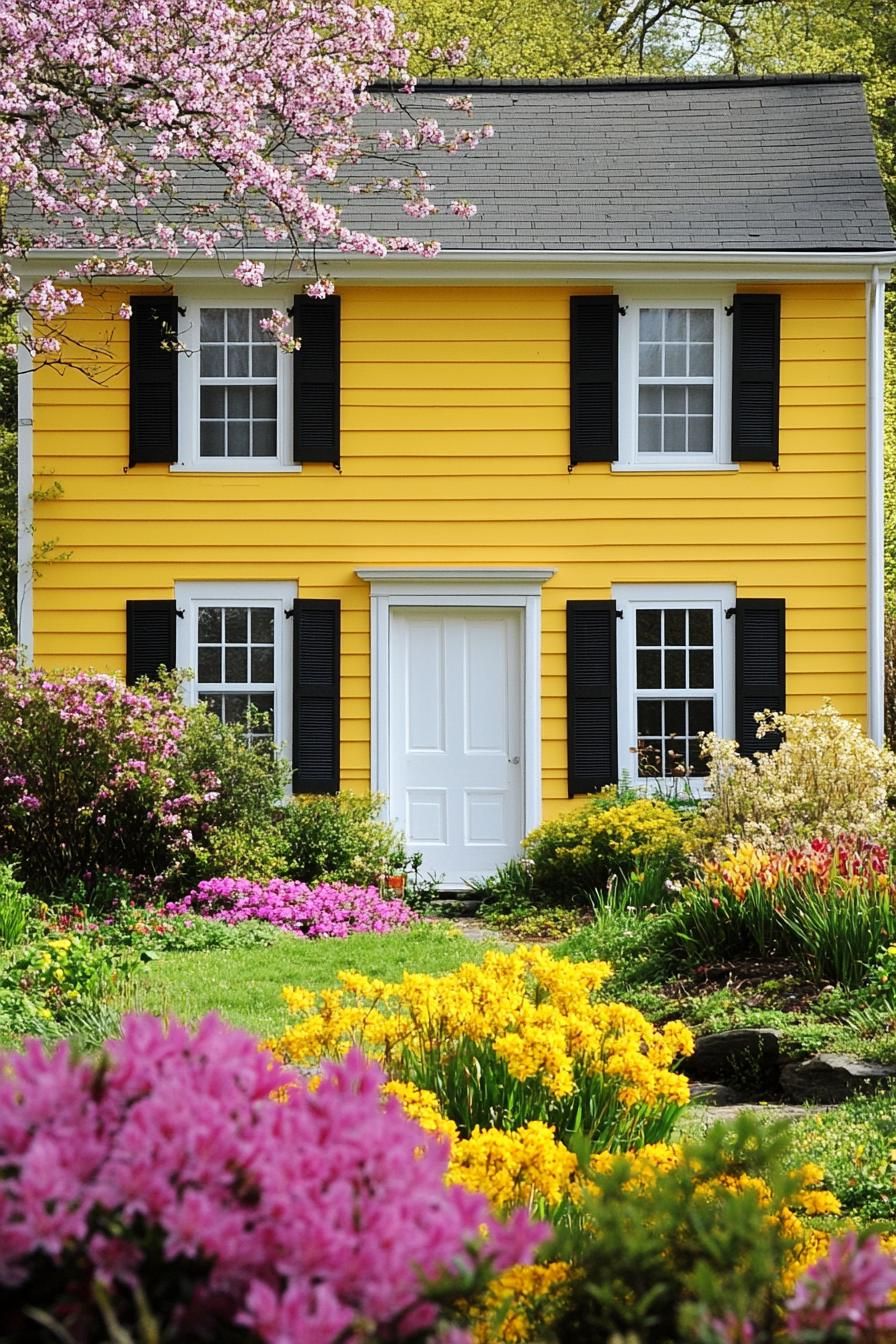 countryside two story house painted yellow modern shutter windows modern doors front garden with blooming flowers 1