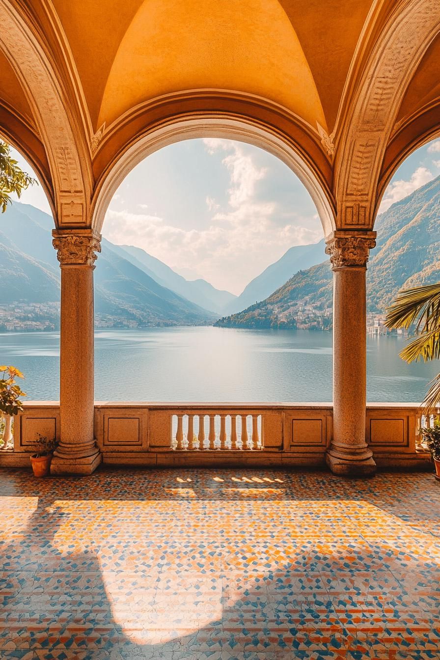 terrace of an italian villa with arches and tiled floor balustrade railing v 6.1