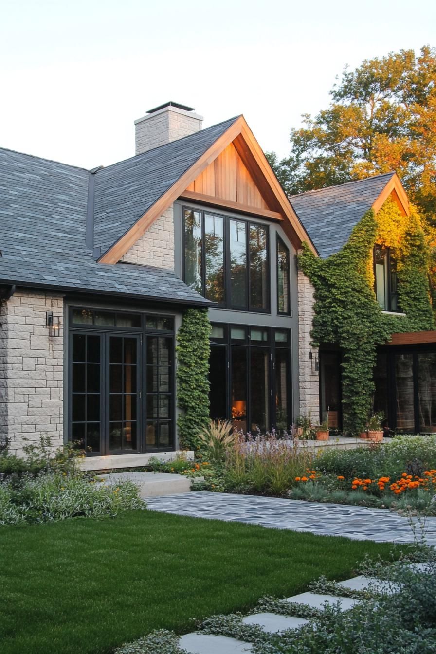 Stone house with ivy-covered walls and large windows