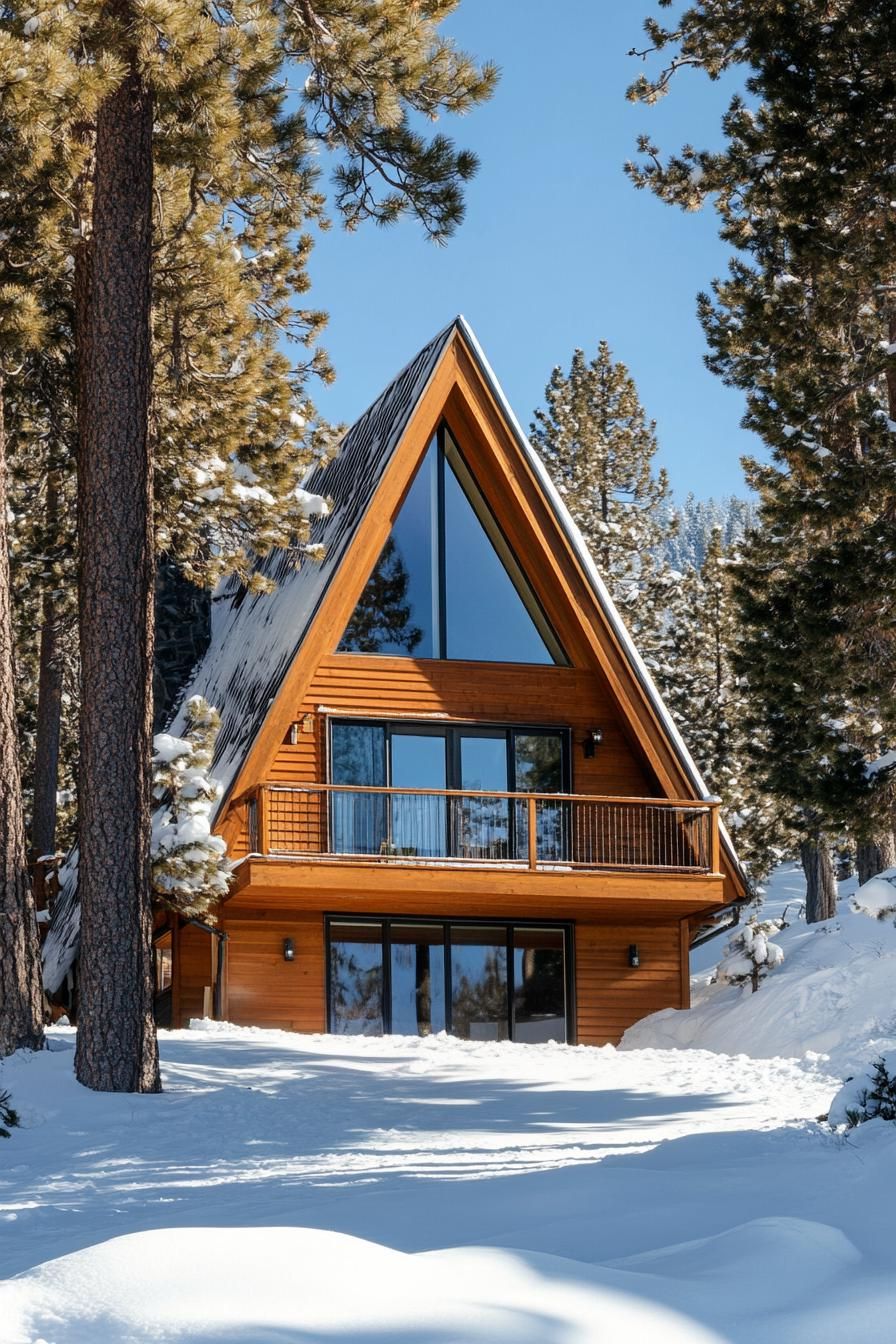 A-frame cabin surrounded by snow and trees