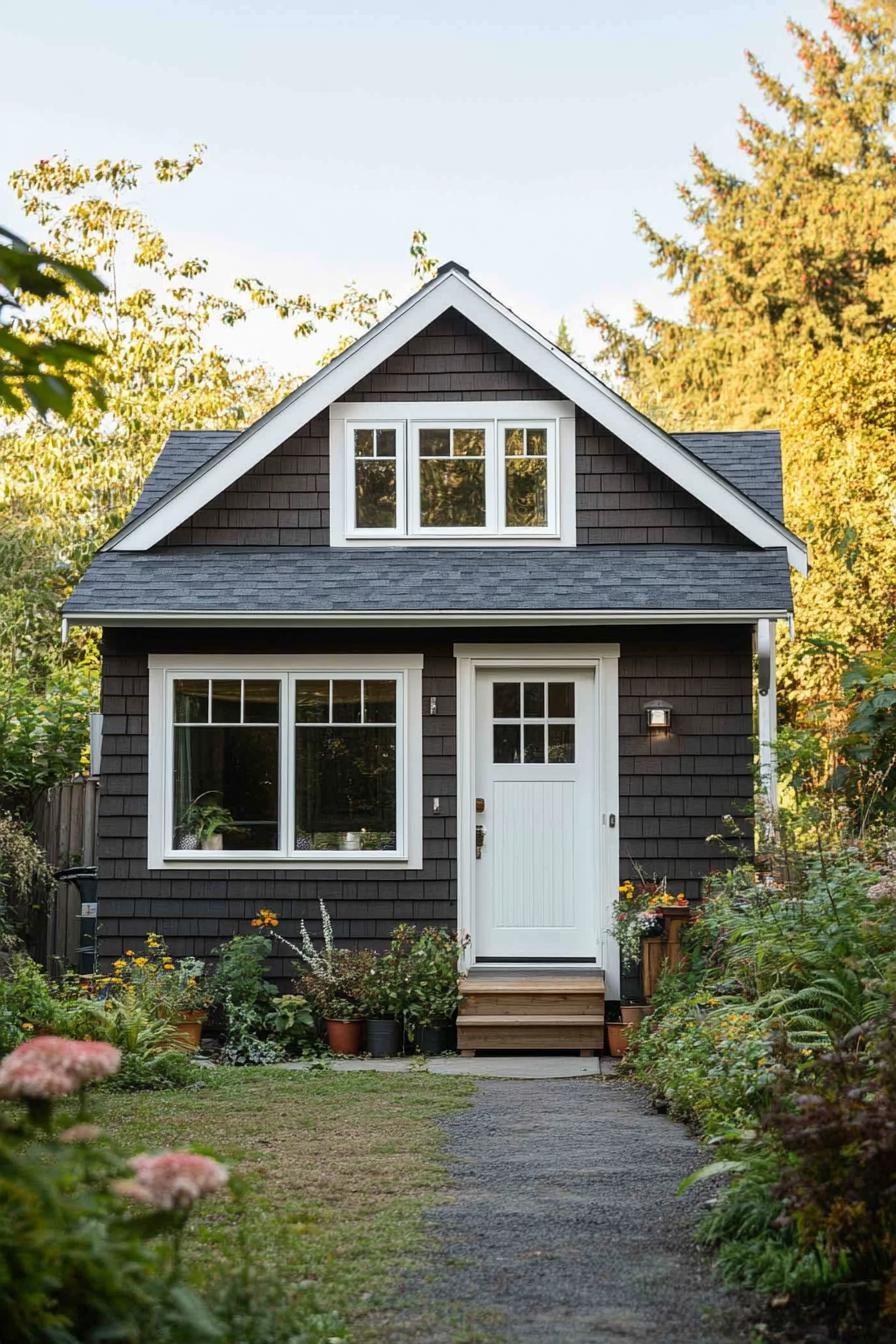 Compact two-story shed house with dark shingles