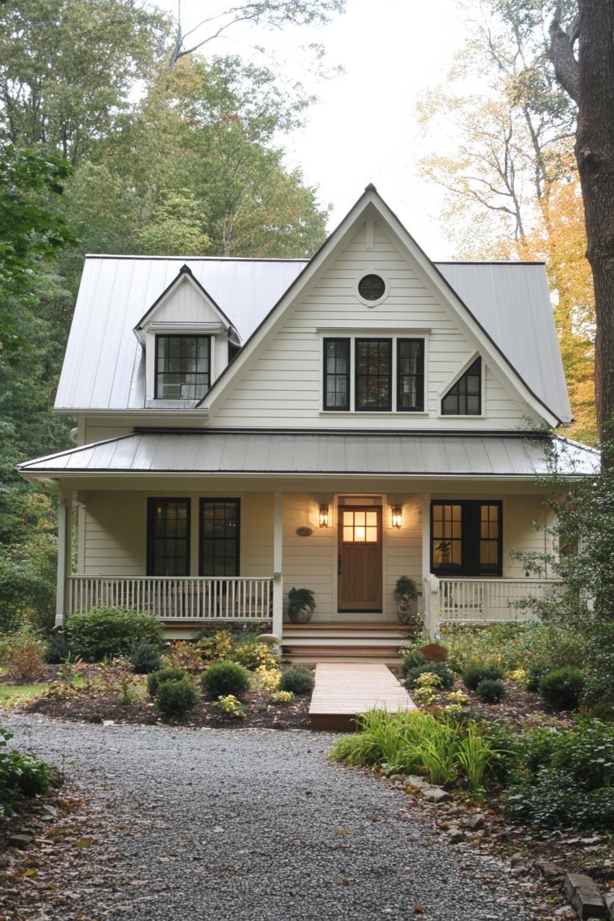 Charming white cottage with gable roof and inviting porch