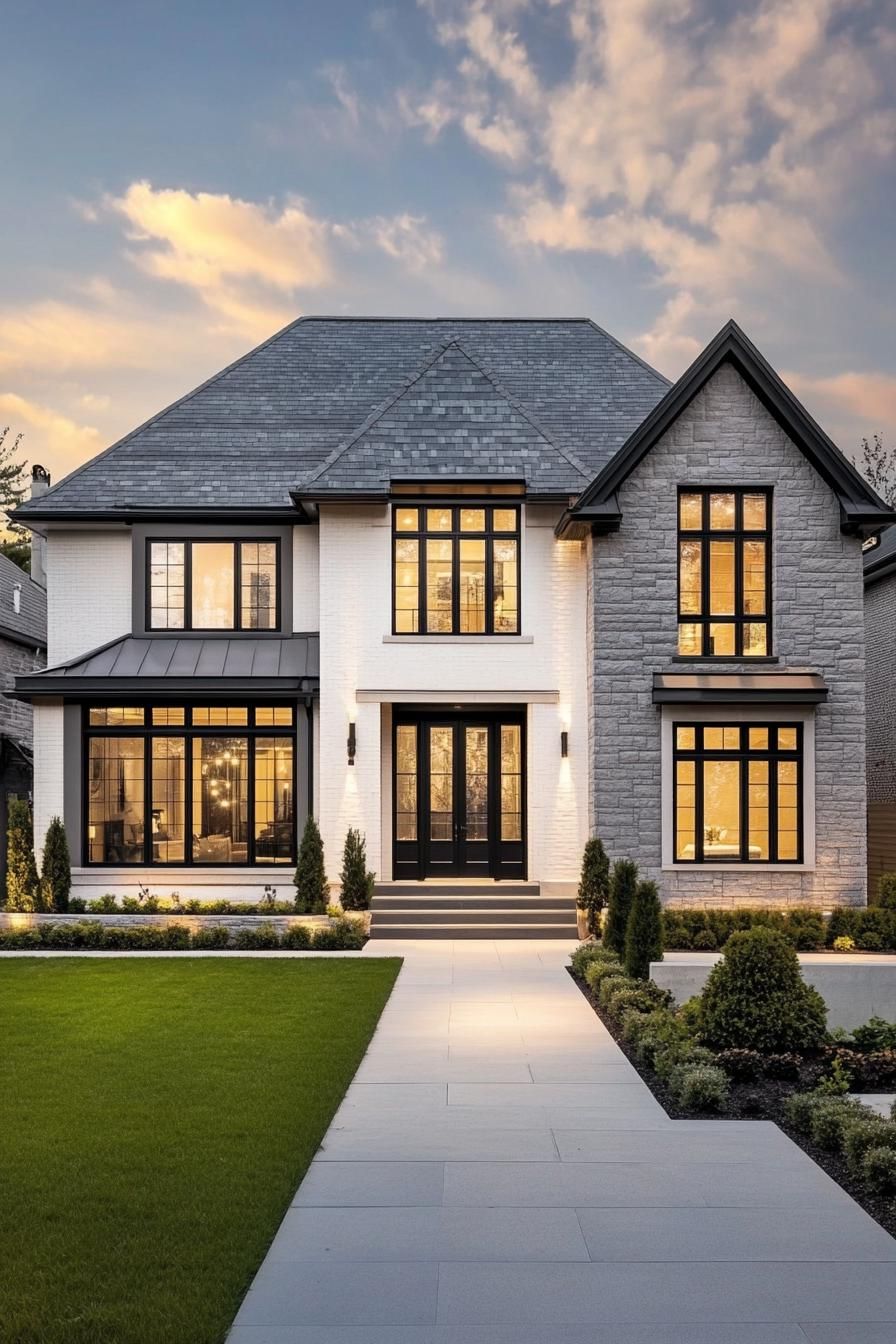 Modern home with illuminated windows and a manicured lawn