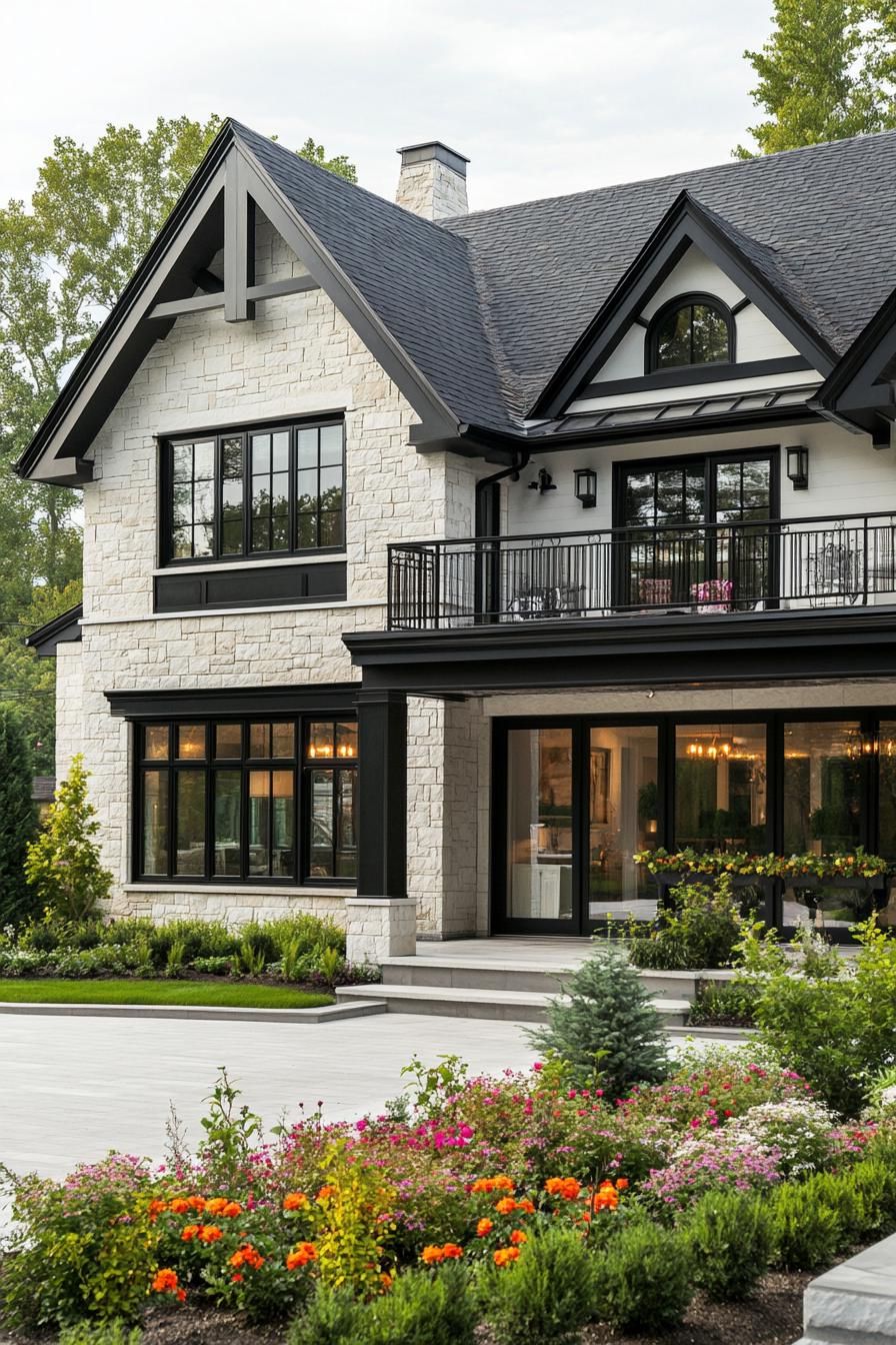 village house with stone and white stucco mixed facade large porch and balcony gabled multi pitch black shingle roof modern windows large paved 1