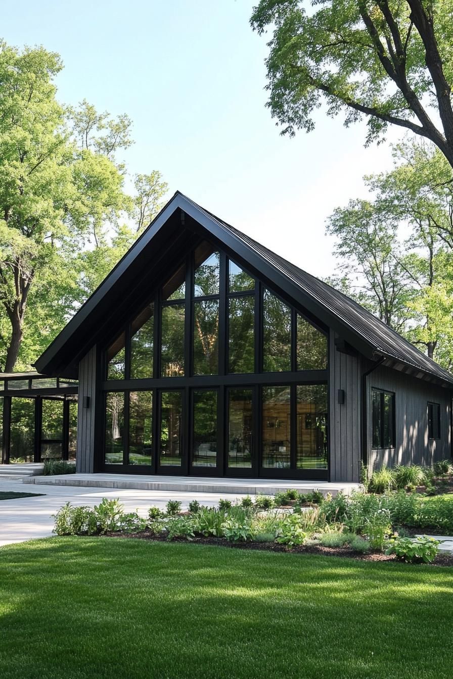 Modern barn house with large glass windows and lush surroundings