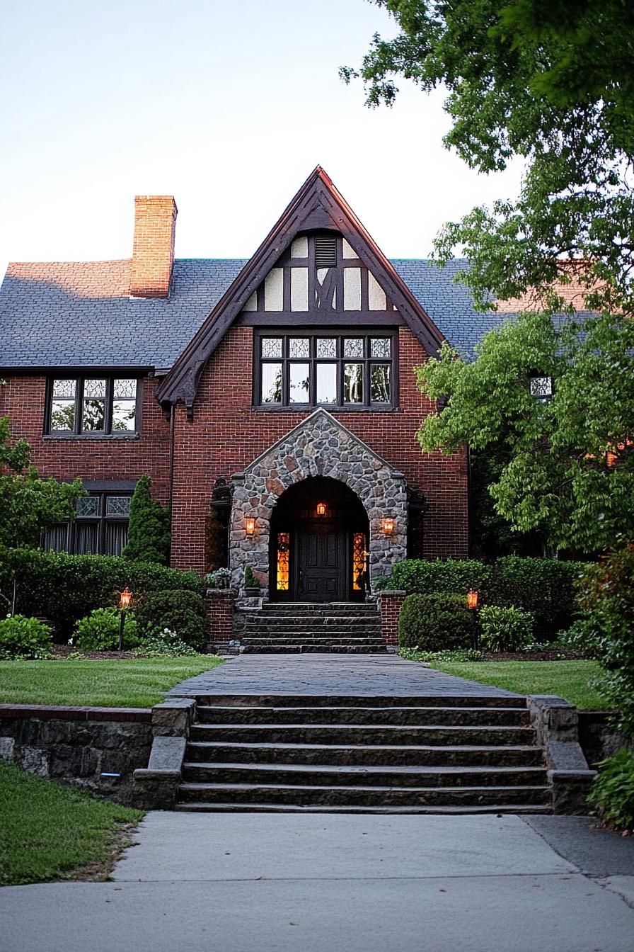 Red brick house with steep roof and stone archway