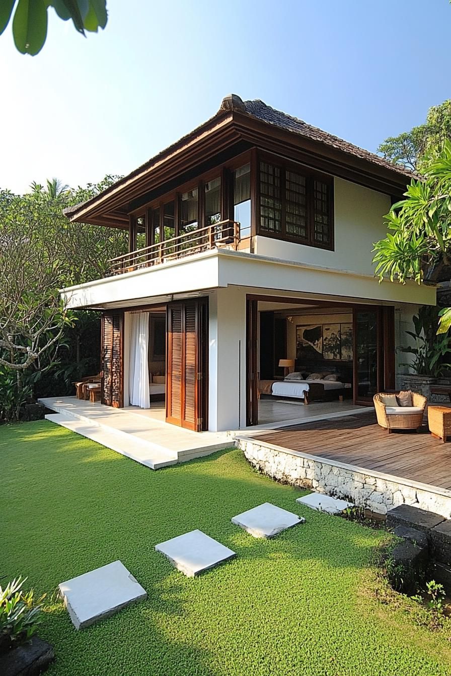 Two-story Balinese house with open rooms and lush garden