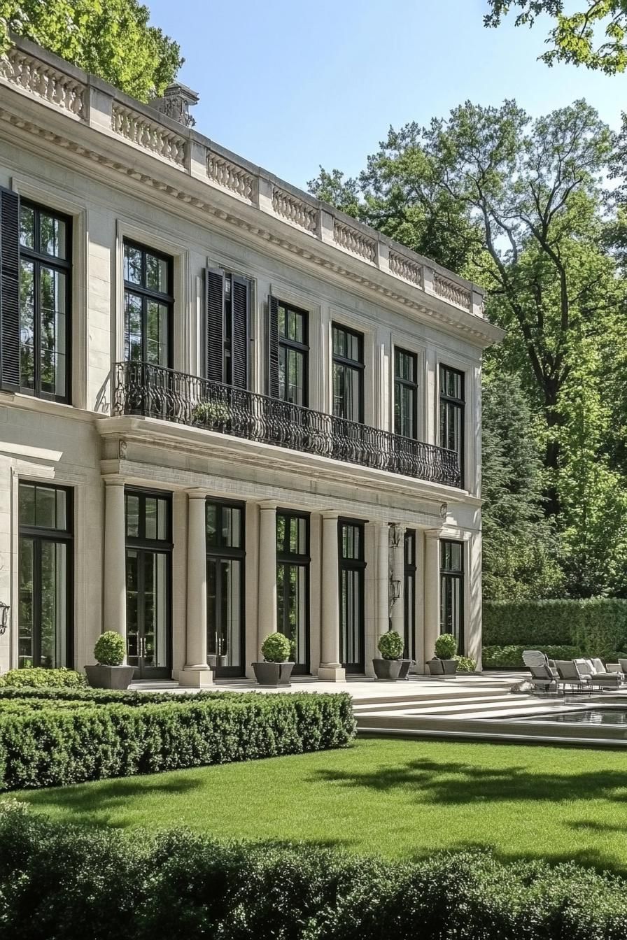 Elegant two-story mansion with columns and lush garden