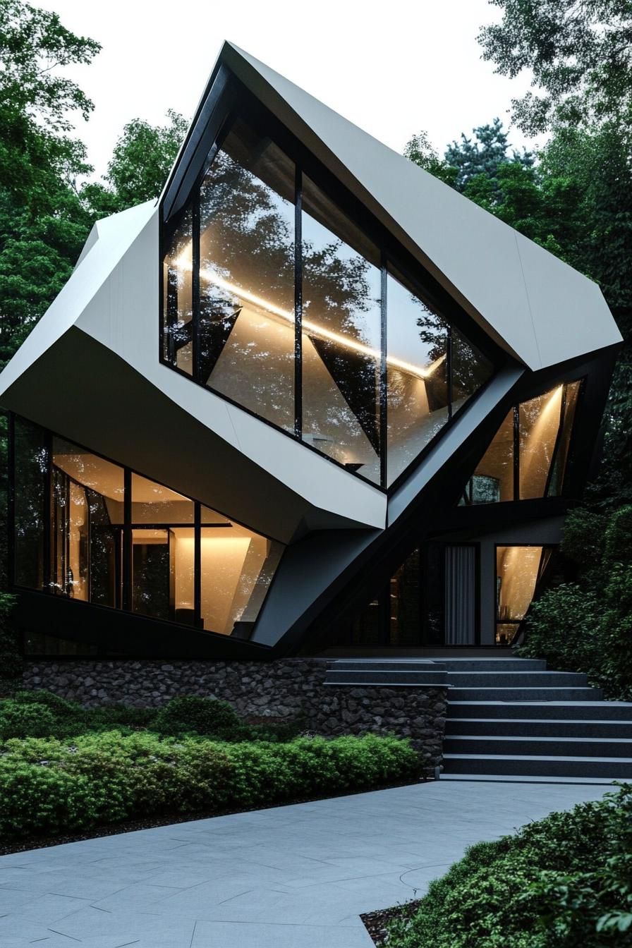 Futuristic house with large glass panels and angular design