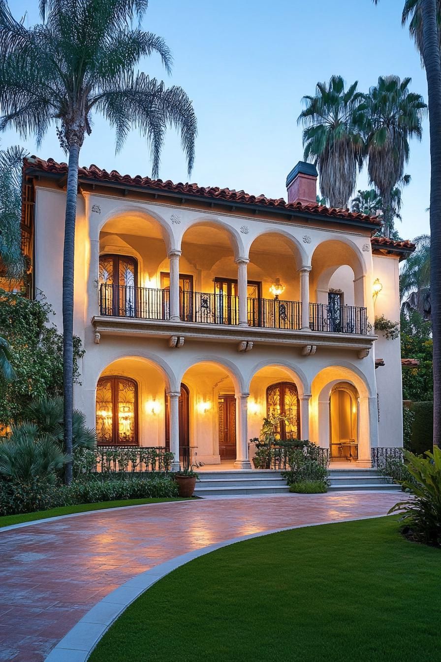 Mediterranean-style mansion with arched balconies and palm trees