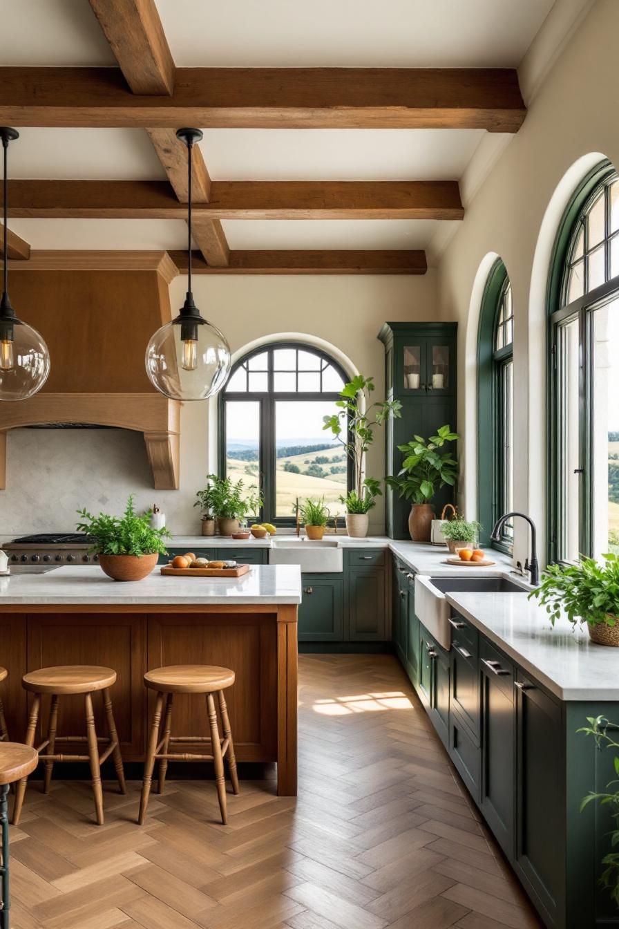 Spanish-inspired kitchen with wooden beams and green cabinets