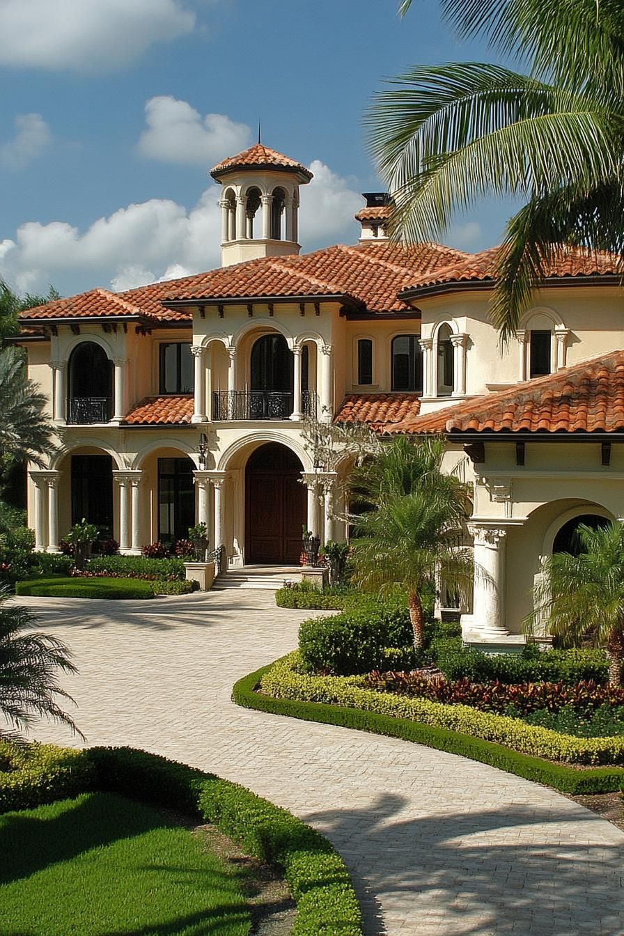 Mediterranean villa with arched windows and terracotta roofs