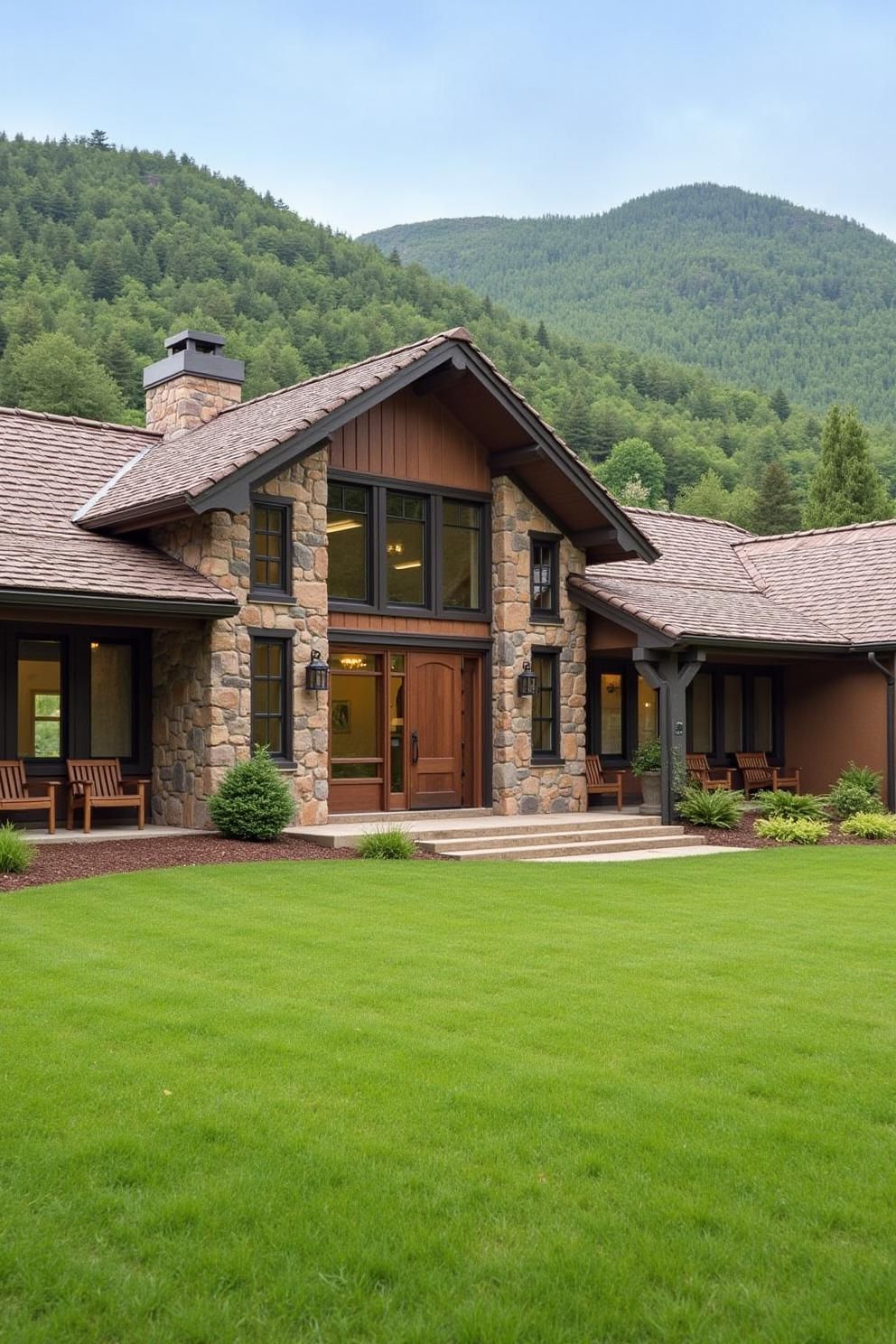 Rustic ranch home with lush green lawn