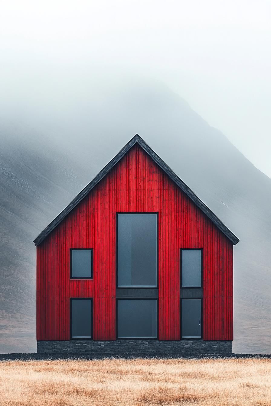 Two-story red house with large windows surrounded by foggy mountains