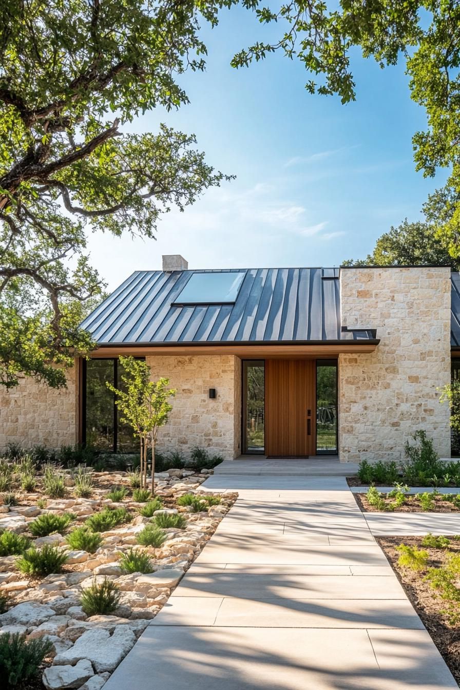 Modern ranch home with a stone exterior and sleek metal roof