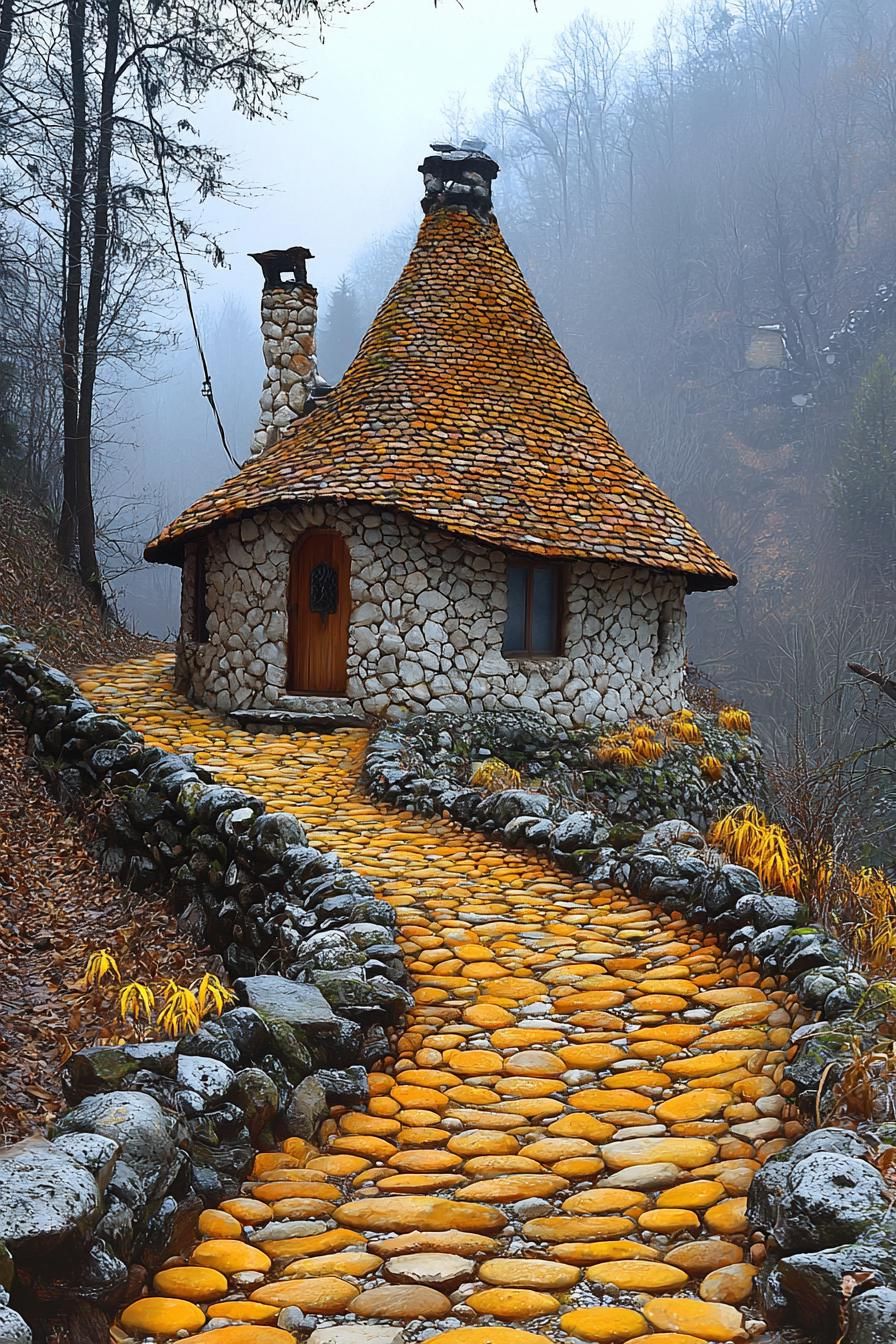 Quaint stone cottage with a whimsical cone roof and foggy backdrop