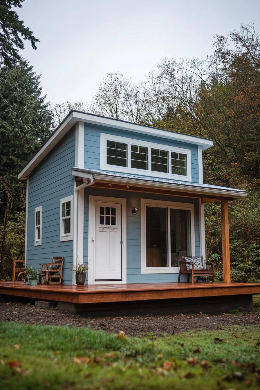 Blue two-story shed house with large windows and a porch