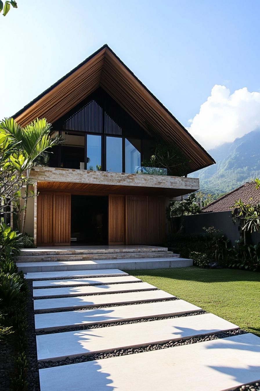 A modern Balinese house with a sharp triangular roof and glass windows