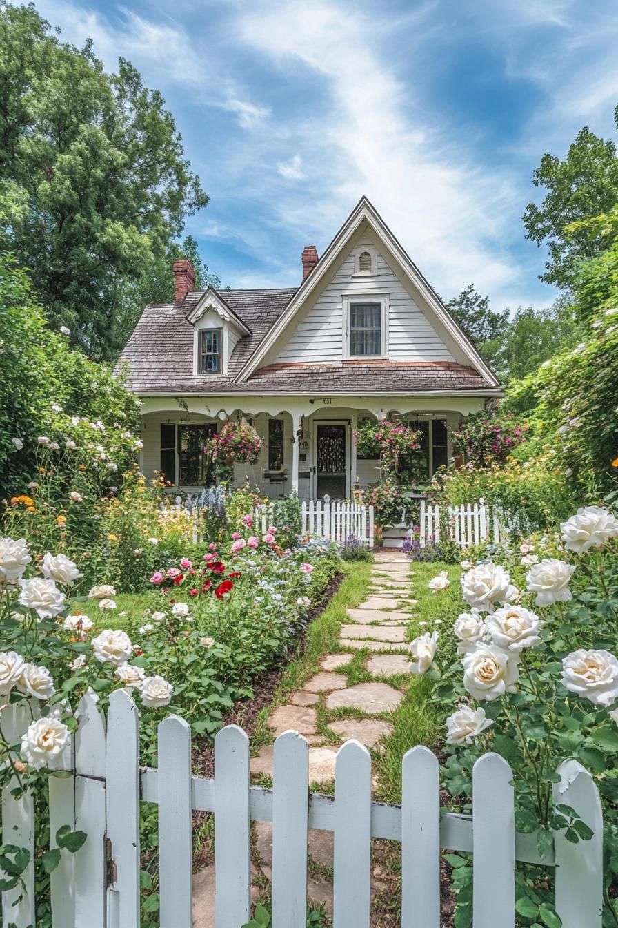 Charming cottage with a stone path, surrounded by blooming roses