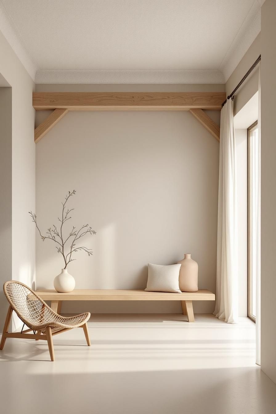 Simple interior with wooden bench and woven chair