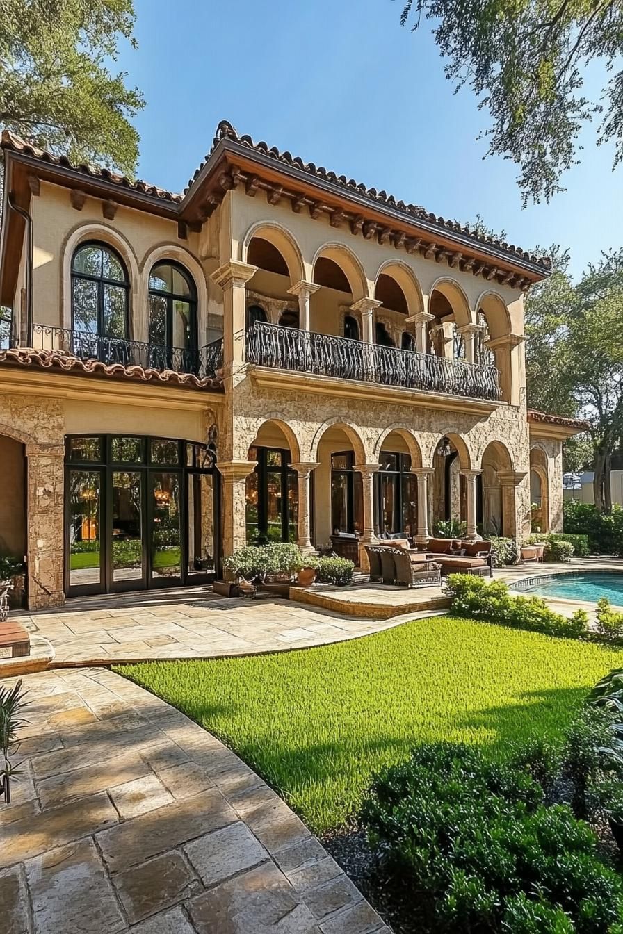 Elegant Mediterranean villa boasting archways and lush garden