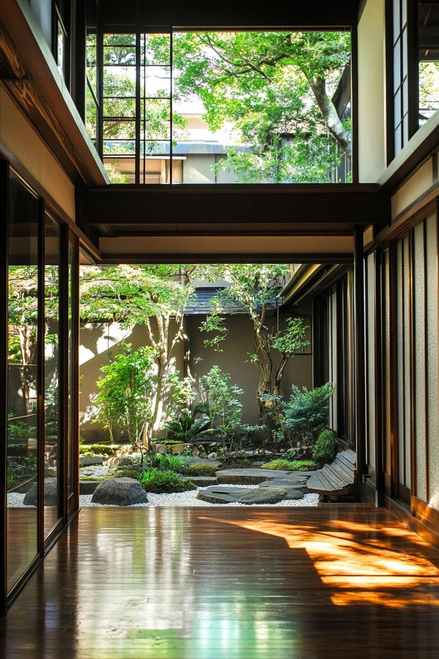 Japanese courtyard with sliding glass doors and lush greenery