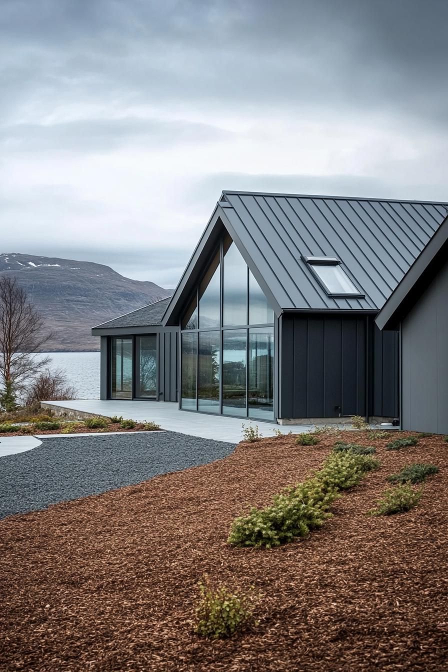 Modern Scandinavian house with large glass windows and sleek metal roof