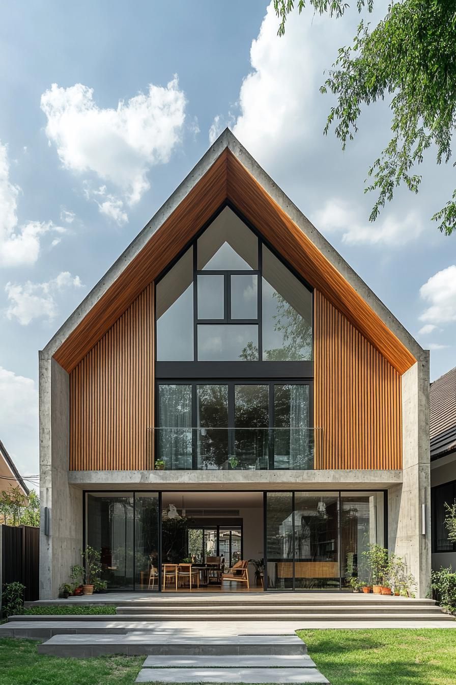 Modern Thai house with large glass windows and a peaked roof