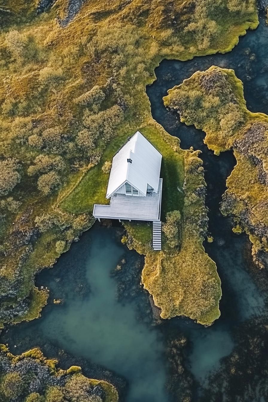 aerial view of a modern a frame house with white siding and white roof in stunning Icelandic landscape with thermal streams contrasting colors 1