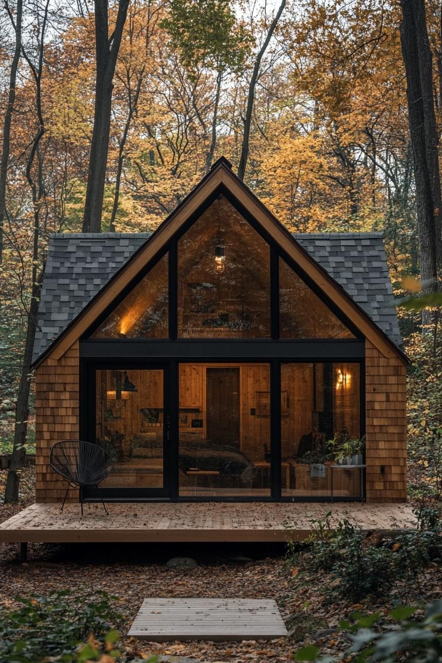 A-frame cabin with glass front surrounded by fall foliage