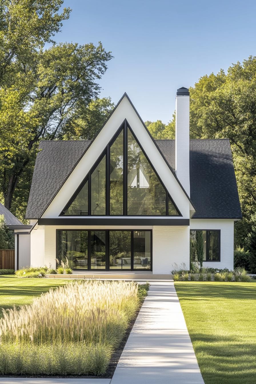 modern white house with black gabled roof andchimney large a frame front window large porch front yard landscaping with lawn and ornamental 2